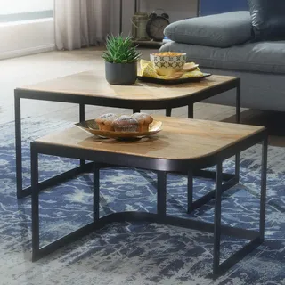 FineBuy Couchtisch 2er Set Mango Massivholz Metall Wohnzimmertisch Hellbraun Industrial Satztisch Beistelltisch Metallbeine Schwarz 2-teilig - Braun