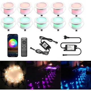 10er Set Smart LED Bodeneinbaustrahler RGBW, Ø45mm 1.2W IP67 Wasserdicht, App & Sprachsteuerung (Alexa/Google Home), Außen Bodenleuchten Garten & Terrassenbeleuchtung mit Strom Warmweiß & Farbwechsel