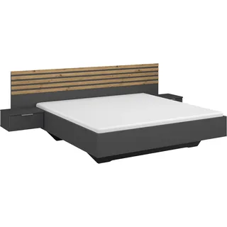 rauch Bettanlage "Doppelbett Futonbett LAMELLA in schwebender Optik" Bett 160x200 oder 180x200 cm, mit eleganter Lamellenabsetzung und 2 Hängenachttische MADE IN GERMANY, graumetallic, eiche artisan