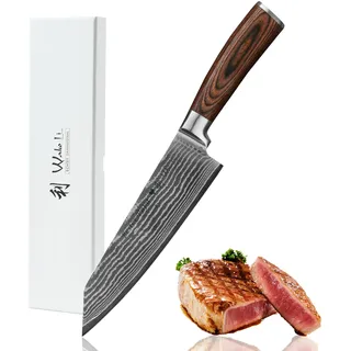 Wakoli EDIB Damast Chefmesser Kiritsuke mit Gravur – Personalisiertes Messer, 20 cm Klinge aus 67 Lagen Damaststahl (VG10-Kern), Pakkaholzgriff – Scharfes Küchenmesser Geschenk, Geschenkverpackung