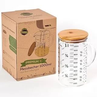 TreeBox Premium Messbecher 1l - aus Glas - Robuste und hitzebeständige Messbecher Set aus Borosilikatglas mit Bambusdeckel - Mikrowellengeeignet - Perfekt zum Backen, Kochen und Mischen