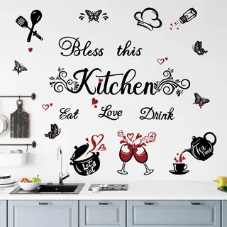 FUFUQUARE Küche Wandaufkleber Schwarz Segne diese Küche Wandtattoo Schmetterling Essen Liebe Trinken Zitat Utensil Kunst Dekorationen für Zuhause Esszimmer Café Restaurant