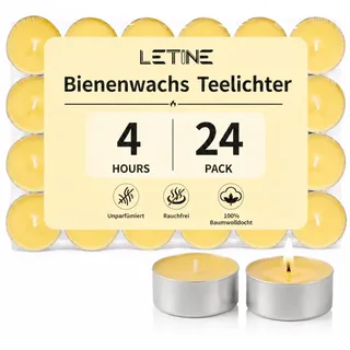 LETINE 24 Stück Bienenwachskerzen Teelichter, 4h Brenndauer | Reines Bienenwachs, Paraffinfrei, Duftfrei & Saubere Verbrennung, Für Halloween, Advent, Weihnachten Deko