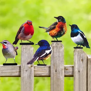 Mineup 5 Stück Gartendeko Bemalte Vogel, Bunt Bemalte 2D Gartenkunst, Vogel Gartenstecker, Voge Deko Figuren Künstliche für Gartendekoration Holz Zaunfiguren Frühling Bäume Deko
