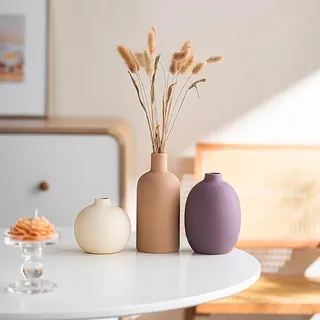 Keramikvase 3er-Set, Moderne böhmische Bauernhausdekoration, Moderne Bauernhausdekoration, für Wohnzimmer, Tisch, Regal, Eingangsbereich. (Hellbraun Lila Beige)