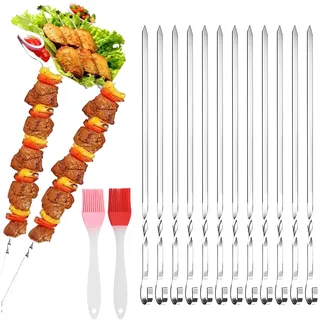 Grillspieße Edelstahl,20 Stück BBQ-Grillspieße aus Rostfreiem + 2 Bürsten,30cm Schaschlikspieße Wiederverwendbare Grill Kabob,grillspieße-aus Rostfreiem für Lagerfeuer Oder Grillschale