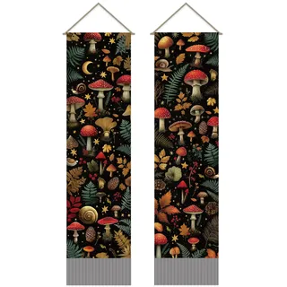 SUPERDANT Pilz Wandteppich Pflanzen Wandbehang Vintage Wandkunst Wandteppiche 2 Lange Tapisserien Wanddekoration Tapestry Mit Fransen Für Wohnzimmer Schlafzimmer Dekor 130x33cm