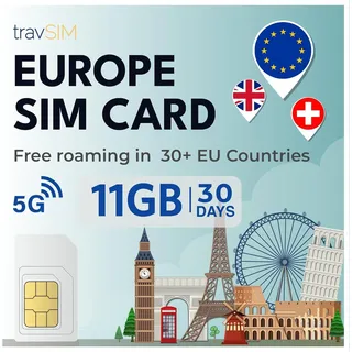 travSIM Prepaid SIM Karte für Europa 12GB Mobile Daten mit 4G/5G | Die Europa Prepaid SIM Karte kann in über 20 Ländern Verwendet Werden, Einschließlich in UK und der Schweiz | 30 Tage lang Gültig