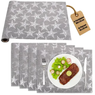com-four® 5-teiliges Tischset mit Tischläufer und Platzdeckchen - Tischband und Platzset für Weihnachten und Hochzeit - Teller Untersetzer für Tischdeko (grau/silberfarben)