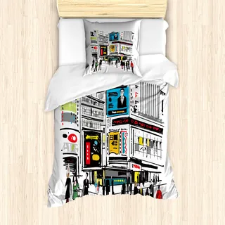 ABAKUHAUS New York Bettbezug Set für Einzelbetten, Fußgänger und Busy City, Milbensicher Allergiker geeignet mit Kissenbezug, 135 cm x 200 cm - 80 x 80 cm, Mehrfarbig