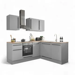Stella Trading Denver Moderne Eckküche mit Elektrogeräten in Grau, Lancelot Eiche Optik - Geräumige Küchenzeile in L-Form mit viel Stauraum - 220 x 211 x 60 cm (B/H/T)