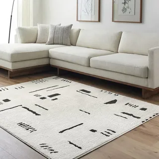 Surya Kobe Wohnzimmer Teppich modern – Abstrakt Design in Marmor Optik für Wohnzimmer 200x275 cm, Esszimmer, Schlafzimmer - Marmor Teppich groß, weicher Teppich Kurzflor in Weiß, Creme, Schwarz