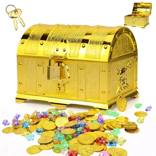 Piraten Schatzkiste Set mit 100 Piraten Goldmünzen und 50 Edelsteinen | Für Weihnachtsparty Geschenke Schatzsuche Kindergeburtsta