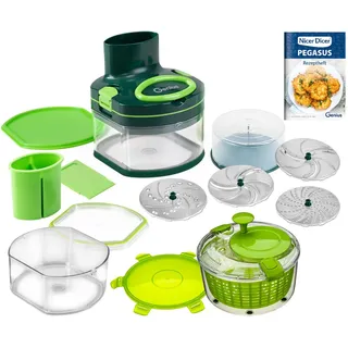 Genius Nicer Dicer Pegasus Gemüsezerkleinerer Deluxe-Set 20-tlg | Handzugdeckel | geringer Kraftaufwand | Gemüseschneider für schnelles & sicheres Arbeiten + Salatschleuder..., Grün