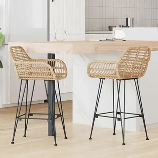 Barhocker 2er Set 55 x 52 x 92 cm Rattan und Eisen, Barstuhl mit Armlehne und Rückenlehne für Küchen Theke und Esszimmer, mit Fußstütze