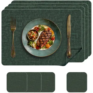 KitchenBoss Tischsets Abwaschbar und Untersetzer aus Kunstleder, 4er-Set Platzsets Abwaschbar Platzdeckchen Für den Einsatz in Küchen, Esszimmern und Büros,Grün, 43x30cm