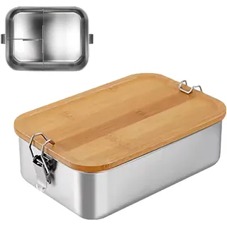 Bento Lunchbox für Erwachsene/Kinder, Edelstahl Brotdose, Brotzeitdose mit 2 Fächern/3 Fächern, Metalldose mit Holzdeckel, BPA-frei Metall Brotbox, Frühstücksbox für Schule/Ausflüge (1500ML,3 Fächern)