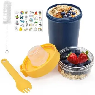 Ibenzoa® Müslibecher mit Löffel für unterwegs – doppelkammeriger, auslaufsicherer Joghurt- & Müsli-Becher 310 ml + 560 ml, PP (BPA-frei), 16 x 10 cm, blau - Blau