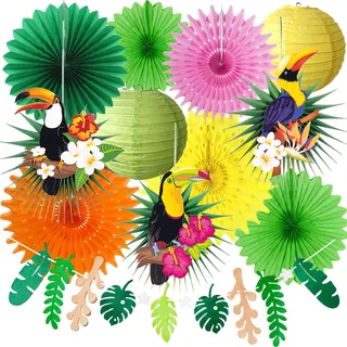 Tropischer Vogel Tukan Blatt Girlande Party Kit für Sommer Hawaii Luau Tiki Tropische Dschungel Motto Party Dekorationen Luau Party Supplies Dekor mit Papier Palmblätter Papierfächer Papierlaternen