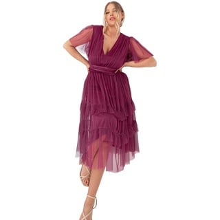 Anaya with Love Damen Women's Midi Dress Ladies V Neckline Short Sleeve Ruffles Empire Waist Tiered Tulle Skirt for Wedding Guest Bridesmaid Brautjungfernkleid, Plum, 34