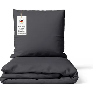 Bettwäsche 135x200 cm Anthrazit 2-teilig einfarbig Mikrofaser Bettbezug mit Kissenbezug 80x80 cm – bügelfrei & hautfreundlich - Grau