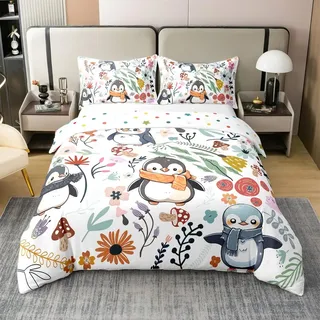 Süßer Pinguin 100% Bio-Baumwolle Bettbezug für Jungen Mädchen,Winter Wildlife Tröster Abdeckung,Cartoon Pinguin mit Schal Bettwäsche Set,Bunte Blumen Pilz Bettdecke 135x200