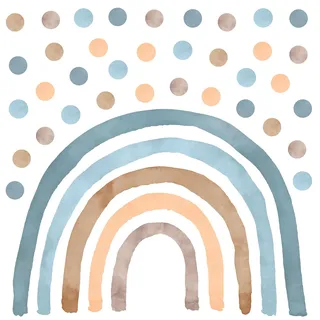 Wandtattoo Kinderzimmer Regenbogen - Boho mit 50 Punkten - Blau (L - 71 cm x 100 cm) Kinderzimmer Mädchen - Wanddeko, Wandsticker Punkte, Kreise - Blau/Retro-Regenbogen L+50 Stück Punkte/Polka Dots