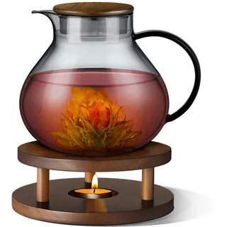 ecooe 1400 ml Teekanne mit Stövchen und 18/8 Schwarz Edelstahl 2 in 1 Teesieb Deckel, Borosilicate Glas Teekanne mit Stövchen Holz ideal als für Familie und Freunde