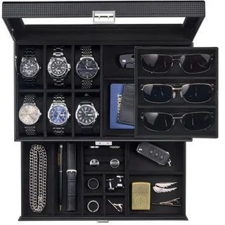 ProCase 6 Slot Uhrenbox & 3 Slot Brillenbox, 2 Ebenen Uhrenkoffer Herren Schmuckkästchen, Uhrenkasten für Sonnenbrillen Schmuck Ringe Armbänder Halsketten -Ganzschwarz