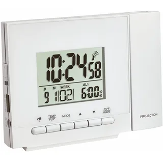 TFA Dostmann Funk-Projektionsuhr, 60.5013, Wecker mit 2 Alarmzeiten, Projektion der Uhrzeit oder Temperatur, Ladefunktion für Mobilgeräte, schwarz