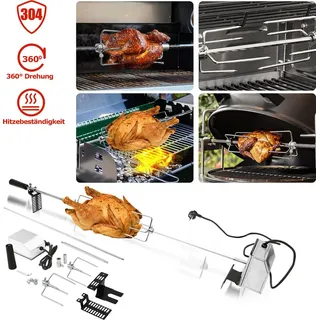 SWANEW Grillspieß Set Elektrischer Drehspieß für Gasgrill Rotisserie Grill mit 2x Fleischnadeln und Edelstahl Motor 220V-240V inkl. Motorhalterung mit Edelstahl Fleischklammern