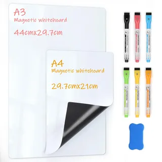 vynyqoo Magnetische Whiteboard Folie 2er-Set A3 +A4 Magnettafel für Kühlschrank, trocken abwischbar mit 6 Markern & Radierer Ideal als Familienplaner, Essensplaner, Haushaltsplaner oder To-Do-Liste