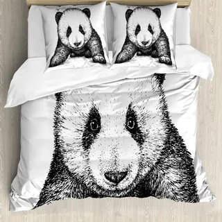 ABAKUHAUS Panda Bettbezug, Babypandabär Sketch, Milbensicher Allergiker geeignet mit Kissenbezügen, 155 cm x 220 cm - 80 x 80 cm, Schwarz-Weiss - Schwarz