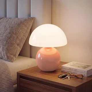 Dawnwake Pilz Nachttischlampe Tischlampe, Led Dimmbar Tischleuchte Deko Wohnzimmer, Schlafzimmer Tischlampen, Mushroom Bedside Table Lamp, Keramikbasis Glas Klein Nachtlampe (Rosa)