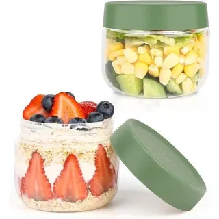 Müsli-Becher 300 ml, 2er-Set – Behälter für Overnight Oats – luftdichter Deckel – Vorratsbehälter – runde Glasbehälter – Meal Prep – Joghurt-Müsli-Brei – grüner Deckel - Grün