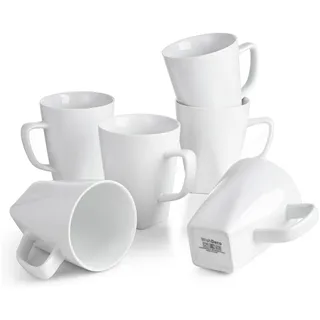 WishDeco Kaffeebecher 6er Set, Kaffeetassen Porzellan Weiß 400ml | Kaffee Tassen Groß mit Henkel, Tassen Set für Cappuccino Tee Milch Heißgetränke, Eckig Boden