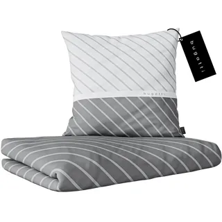 bugatti Bettwäsche 155 x 220 cm - 100% Baumwolle, Reißverschluss, anschmiegsam, weich & waschbar, Mako Satinbettwäsche gestreift grau