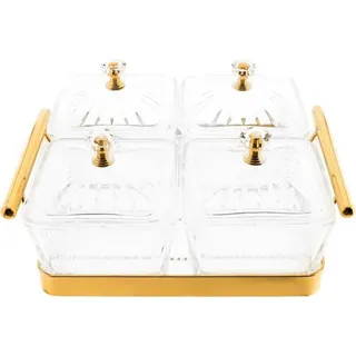 9 Teiliges Snackschalen-Set aus Glas mit goldenem Serviertablett & Knaufdeckel - Gold
