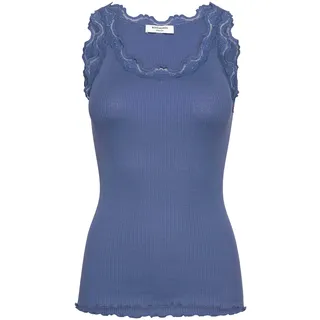 Spitzentop ROSEMUNDE "Babette Silk Top mit Seide", Damen, Gr. S, jeansblau, Feinstrick, Obermaterial: 70% Seide, 30% Baumwolle, körpernah hüftbedeckend, Rundhals, Tops Spitzentop, Vintage-Spitzenbesatz, mit Rundhalsausschnitt, hoher Seidenanteil