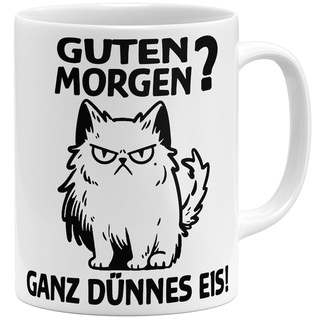 OM3® lustige Tasse mit Spruch - Morgenmuffel Katze - Guten Morgen - Statement | Keramik Becher | 11oz 325ml | Beidseitig Bedruckt | Weiss