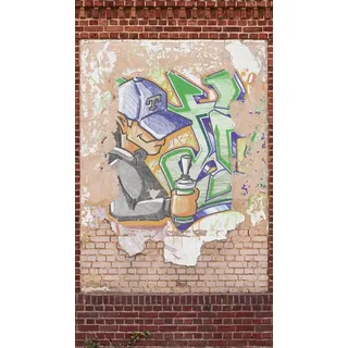 Livingwalls Vliestapete - Graffiti Tapete Backstein in Beige, Braun und Grün - Wandtapete für verschiedene Räume - Wandbild XXL 2,80 m x 1,59 m