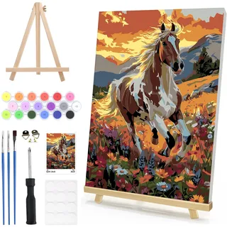 Malen nach Zahlen Erwachsene Mit Rahmen Staffelei, Galoppierendes Pferd, DIY Handgemalt Malen nach Zahlen Ölgemälde Kit Anfänger, Paint by Numbers für Heimdekoration 20x30cm Pferd auf Blumenwiese