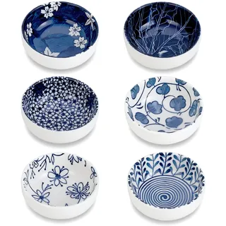 Keramik Saucenschalen,Blau und Weiß 80 ml Mini Gewürzschale Snackschalen Dessertschale Set 6er Pack, Dipschalen für Soja Sauce, Beilage Servierschale (7.5cm)
