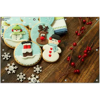 Wallario Outdoor-Poster für Garten oder Balkon, Motiv Weihnachten in der Küche - Plätzchen auf einem Holztisch, in ca. 80 x 120 cm - Schwarz