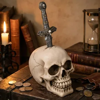 MIJOMA Spardose im Totenkopf-Design – Handbemalte Schädel-Spardose aus Polyresin mit Sicherheits-Schloss – Stilvolle Aufbewahrung für Ersparnisse (mit Schwert)