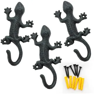 ChasBete Gecko Kleiderhaken Wand Garderobenhaken, 17cm Vintage Metall Wandhaken 3er-set Haken Garderobe