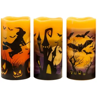 Eldnacele Halloween Kerzen LED mit 6H Timer, Halloween Deko innen, 3er Set | Echtwachs LED Kerzen mit Timer, flammenlose Kerzen, LED Stumpenkerzen, flackernde Flamme, Hexe, Fledermaus, Schloss, Kürbis
