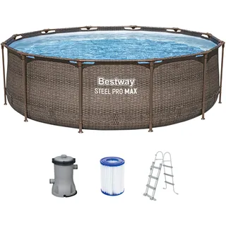 Bestway Steel Pro MAX Frame Pool-Set mit Filterpumpe Ø 366 x 100 cm, Rattan-Optik (Schokobraun), rund