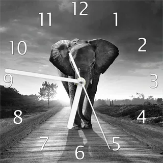 Wallario Design Wanduhr Elefant bei Sonnenaufgang in Afrika schwarzweiß aus Echtglas, Größe 20 x 20 cm - Schwarz