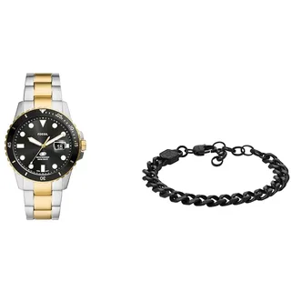 Fossil Herrenuhr Blue Dive 3 Zeiger, Zweifarbige und Armband aus schwarzem Edelstahl, Edelstahl, Set